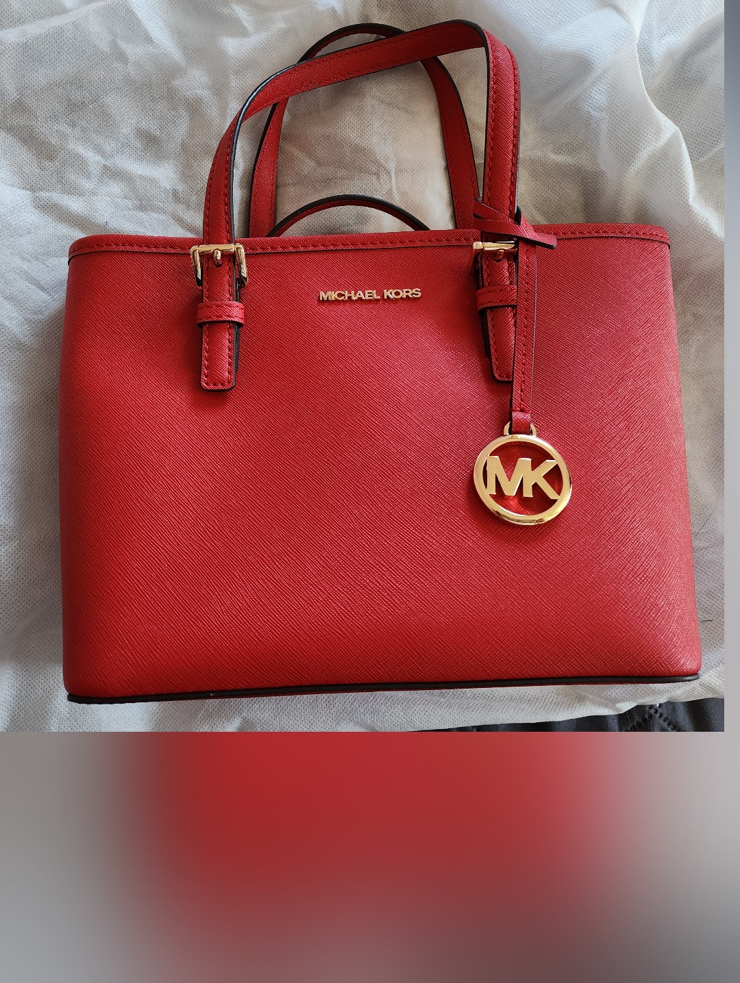 Michael Kors Red Saffiano Leather Tote With Gold Mk Charm